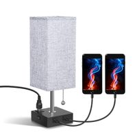 USB Bedside Table & Desk Lamp with Dual USB Port and Outlet, Acaxin Wood Minimalism Lamp, Black Wood Base Unique Fabric Shade, Special Pull Chain Lamp for Bedroom/Nightstand/End Table/Living Room