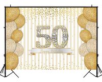 BackdropsOnline White and Gold Happy 50th Birthday Backdrop for Photography Shiny Glitter Gold Balloons Sparkle Diamond 50 Party Banner 8x6ft Photo Studio Booth Background Vinyl Cake Table Decoration