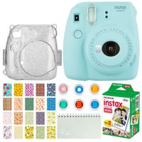 Fujifilm Instax Mini 9 Instant Camera (Ice Blue) + Fujifilm Instax Mini Twin Pack Instant Film (20 Exposures) + Glitter Hard Case + Colored Filters + Album + Sticker Frames Nature Package