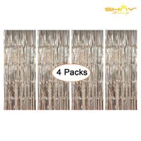 Foil Fringe-Backdrop-12FTX8FT-Champagne Tinsel Metallic Fringe Curtains Shinny Party Accessory(Pack of 4) (Champagne)
