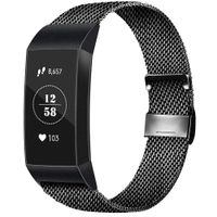 AK Stainless Steel Replacement Bands Compatible for Fitbit Charge 3 / Fitbit Charge 3 SE Bands, Metal Mesh Breathable Sport Wristband Loop with Adjustable Magnet Clasp (03 Black, Large)