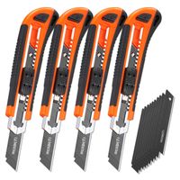 REXBETI 4-Pack Utility Knife with Extra 10 Blades. Industrial Grade Retractable Box Cutter for Cartons, Cardboard and Boxes, Ultra Sharp Black Blade, Blade Storage Design
