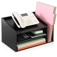 FITUEYES Wood Office Suppies Desk Organizer 4 Compartments with Letter Tray Black Document Holder