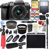 Panasonic LUMIX G7 Interchangeable Lens Mirrorless Digital Camera (Silver) with 14-42mm Lens Bundle with 64GB SDXC Memory Card, Microphone and Accessory (13 Items)