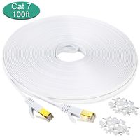 Cat 7 Ethernet Cable 100 ft, Long Outdoor Flat Internet Network Patch Cord with Clips,Faster Than Cat6 Cat6a Cat5e with Gold Plated High Speed RJ45 LAN Wire for Gaming,MAC,Desktop,ADSL,LAN-White