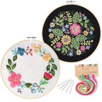 2 Pack Embroidery Starter Kit with Pattern, Kissbuty Full Range of Stamped Embroidery Kit Including Embroidery Cloth with Flower Pattern, Bamboo Embroidery Hoop, Color Threads Tools Kit (Floral Hoop)