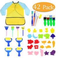 Kids Early Learning Sponge Painting Brushes Kit, 42 Pieces Sponge Drawing Shapes Paint Craft Brushes for Toddlers Assorted Pattern, Including Children Waterproof Art Painting Smock Apron