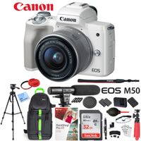 Canon EOS M50 Mirrorless Digital Camera White with EF-M 15-45mm is STM Lens Bundle with 32GB Memory Card, Dual Battery, Shotgun Mic, Backpack, Tripod and Accessories (12 Items)