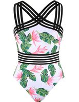 Hilor Women's One Piece Swimwear Front Crossover Swimsuits Hollow Bathing Suits Monokinis Green&red Leaves S/US4-6