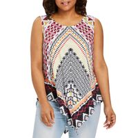 Womens Plus Size L-5XL Tops Blouse Loose Casual Bohemian Print Tank Irregularity Hemline O-Neck Sleeveless Shirts (XXXL)