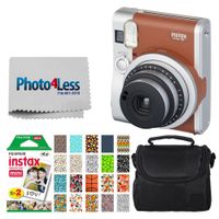 Fujifilm INSTAX Mini 90 Neo Classic Instant Camera (Brown) + Fujifilm Instax Mini Instant Film (20 Exposures) + Compact Camera Case + Sticker Frames Sports Package + Photo4Less Cleaning Cloth
