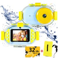 Kids Underwater Camera,ROTEK Dual 8MP 1080P Super HD Waterproof Digtial Camera with 2.4inch IPS Screen 32G Memory Rechargeable Front and Rear Selfie Video Camera for Children,Boys,Girls,Swimming(Blue)
