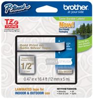 Genuine Brother 1/2" (12mm) Gold on Satin Silver TZe P-touch Tape for Brother PT-200, PT200 Label Maker