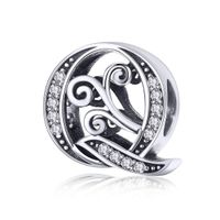 Solid 925 Sterling Silver with Cubic Stones, Complete A~Z Gift Options Alphabet Charm Letter Beads fit Pandora European Bracelets (Q)