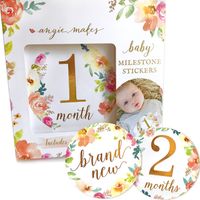 Baby Monthly Milestone Stickers. 16 Floral Belly Stickers for Girls 0-12 Months. Premium Gold Metallic Design. Perfect for Baby Shower Gifts, Registry, First Year Newborn Photography. Angie Makes