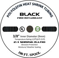 225FWY 100 FT 3/8" 9mm Polyolefin Black Heat Shrink Tubing 2:1 Ratio
