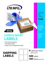 LTB MFG Laser Inkjet Printer Shipping Labels, White, (4 Per Sheet 3.5" x 5")
