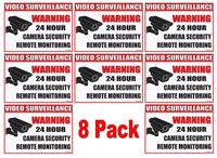 (8 Pack) 24 Hour Video Surveillance Security Vinyl Stickers 3 1/2 x 2 1/2 Great Decal for Windows, Doors with UV Protection Waterproof Home and Business Made in The U.S.A