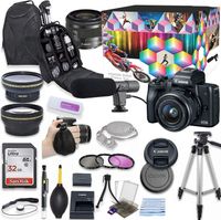 Canon EOS M50 Mirrorless Digital Camera with 15-45mm Lens Video Kit (Black) + Wide Angle Lens + 2X Telephoto Lens + SanDisk 32GB SD Memory Card + Accessory Bundle