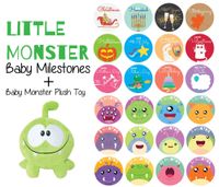 Baby Monthly Milestone Stickers and Plush Stuffed Toy Monthly Milestones from Newborn to 1 Year, First Holidays Baby Stickers (Little Monster Plus)
