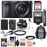 Sony Alpha A6000 Wi-Fi Digital Camera & 16-50mm Lens (Black) with 64GB Card + Battery + Charger + Flash + Backpack + Tripod + 2 Lens Kit