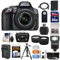 Nikon D5300 Digital SLR Camera & 18-55mm G VR DX II AF-S Lens (Grey) with 64GB Card + Battery + Charger + Case + Tripod + Flash + Tele/Wide Lens Kit