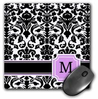 3dRose LLC 8 x 8 x 0.25 Inches Mouse Pad, Personal Initial M Monogrammed Pink Black and White Damask Pattern Girly Stylish Personalized Letter (mp_154388_1)