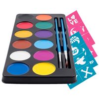 Colorful Face Paint Kit (12 Vivid Water Colors Palette) 24 Stencils 2 Brushes & Tutorial Ebook for Beginners - Ideal for Sensitive Skin, 100% Safe - Halloween Party Makeup - Super Easy On and Off