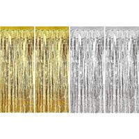 Anasu 4 Pack Foil Fringe Curtains Photo Backdrop, Shiny Metallic Tinsel Party Door Curtain Photo Booth Props Birthday Wedding Bridal Baby Shower Party Decorations (Gold+Silver, 4 Pack)