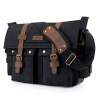 Kattee Unisex's Classic Military Canvas Shoulder Messenger Bag Leather Straps Fit 16" Laptop (Black)