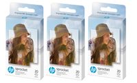 HP Zink Sticky-backed Photo Paper 2" x 3" inch, 20 Sheets, 3 Pack (60 Sheets)