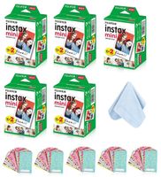 Fujifilm Instax Mini Instant Film Twin Pack (White) with Tangible Creation Microfiber Cleaning Cloth & Assorted Colorful Decoration Stickers for Fujifilm Mini 8 & Mini 9 Cameras (100 Film Sheets)