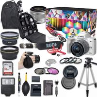Canon EOS M50 Mirrorless Digital Camera with 15-45mm Lens Video Kit (White) + Wide Angle Lens + 2X Telephoto Lens + Flash + SanDisk 32GB SD Memory Card + Accessory Bundle