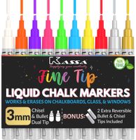 Kassa Liquid Chalk Markers Fine Tip (10 Pack 3mm) - Chalkboard Markers Erasable - Gold & Silver Included - Wet Erase Markers for Glass Blackboard Windows - Chalk Pens Include Dual Chisel & Bullet Tip
