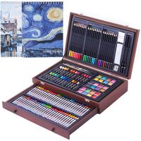 145 Piece Deluxe Art Creativity Set with 2 x 50 Page Drawing Pad, Art Supplies in Portable Wooden Case- Crayons, Oil Pastels, Colored Pencils, Watercolor Cakes, Sharpener, Sandpaper - Deluxe Art Set