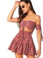 Floerns Women's Two Piece Outfit Off Shoulder Drawstring Crop Top and Skirt Set Red-Floral L