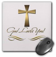 3dRose LLC 8 x 8 x 0.25 Inches Mouse Pad, God Loves You in Gold Colors with A Gold Colored Cross on A Creme Background (mp_99112_1)