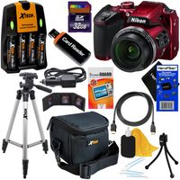 Nikon COOLPIX B500 Wi-Fi, NFC Digital Camera w/40x Zoom & HD Video (Red) - International Version (No Warranty) + 4 AA Batteries with Charger + 10pc 32GB Dlx Accessory Kit w/ HeroFiber Cleaning Cloth