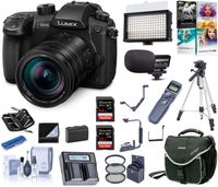 Panasonic LUMIX GH5 4K Mirrorless Camera with 12-60mm Lens, Bundle with Bag, Intervalometer, Mic, LED Light, Dual Charger, Battery, Filter Kit, 64+32GB SD Card, Flip-Flash Bracket, Tripod, More