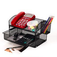 VANRA Desk Organizer Set Metal Mesh Desktop Telephone Stand with Pencil Cup Holder, 2 Piece Black