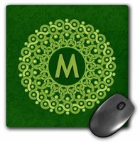 3dRose LLC Monogram Mandala on Forest Green Muted Grunge Damask Pattern Mouse Pad, M Lime and Olive Green (mp_32244_1)