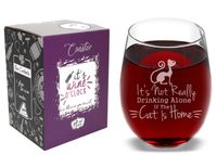 It's Not Really Drinking Alone If The Cat Is Home - Funny Stemless Wine Glass Coaster and Gift Box - 17 Oz - Cool and Original Birthday Christmas Christmas Present idea for Cat Lovers