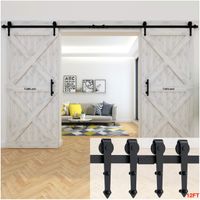 FaithLand 12FT Double Sliding Barn Door Hardware Track Kit for Wood Door Closet - 12 Foot Rail Kit Double Door - Heavy Duty - Ultra Smooth Quiet - Seamless Rail connector - Tested Beyond 120,000 Rolls