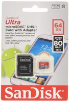 Lot of 2 SanDisk Ultra 64GB MicroSDXC Memory Flash Card UHS-I Class 10 up to 80MBs With Adapter SDSQUNC-064G-GN6MA Pack + 2 Jewel Cases