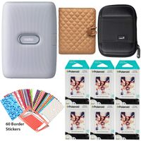 Fujifilm Instax Mini Link Smartphone Printer (Ash White), Photo Album (Coffee), Carrying Case, 60 Polaroid Instax Sheets and 60 Border Stickers