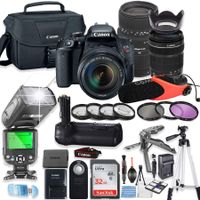 Canon EOS Rebel T7i DSLR Camera Bundle w/Canon 18-135mm STM Lens & Sigma 70-300mm Lens + Deluxe Battery Grip + 32GB Memory + Canon Case + TTL Flash (Good Upto 180 Ft) + Microphone + Accessory Bundle