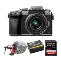 Panasonic LUMIX G7 Mirrorless Digital Camera with 14-42mm Lens (Silver) & 32GB Compact Microphone Bundle