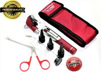 Premium Student Home Use Led Bright Light ENT Diagnostic Otoscope Pocket Size Burgundy Plus Alligator Ear Nose Forceps Plus 1 Extra Replacement Bulb Cynamed