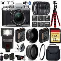 FUJIFILM X-T3 Mirrorless Digital Camera (Silver) with 18-55mm Lens + Flash + UV FLD CPL Filter Kit + Wide Angle & Telephoto Lens + Camera Case + Tripod + Card Reader - International Version Bundle