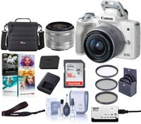 Canon EOS M50 Mirrorless Camera with EF-M 15-45mm f/3.5-6.3 is STM Lens, White - Bundle with 16GB SDHC Card, Camera Case, 49mm Filter Kit, Cleaning Kit, Card Reader, Pc Software Package